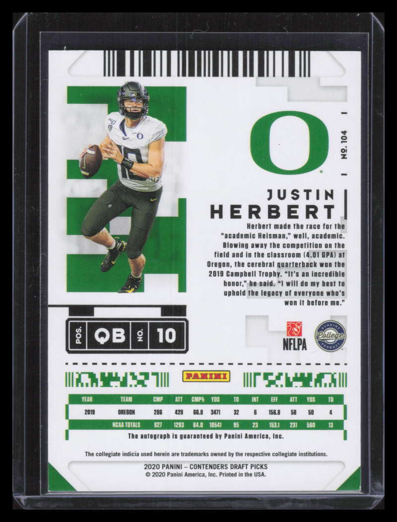 2020 Panini Contenders Draft Picks Fame 104 Justin Herbert Rookie Auto 1/2