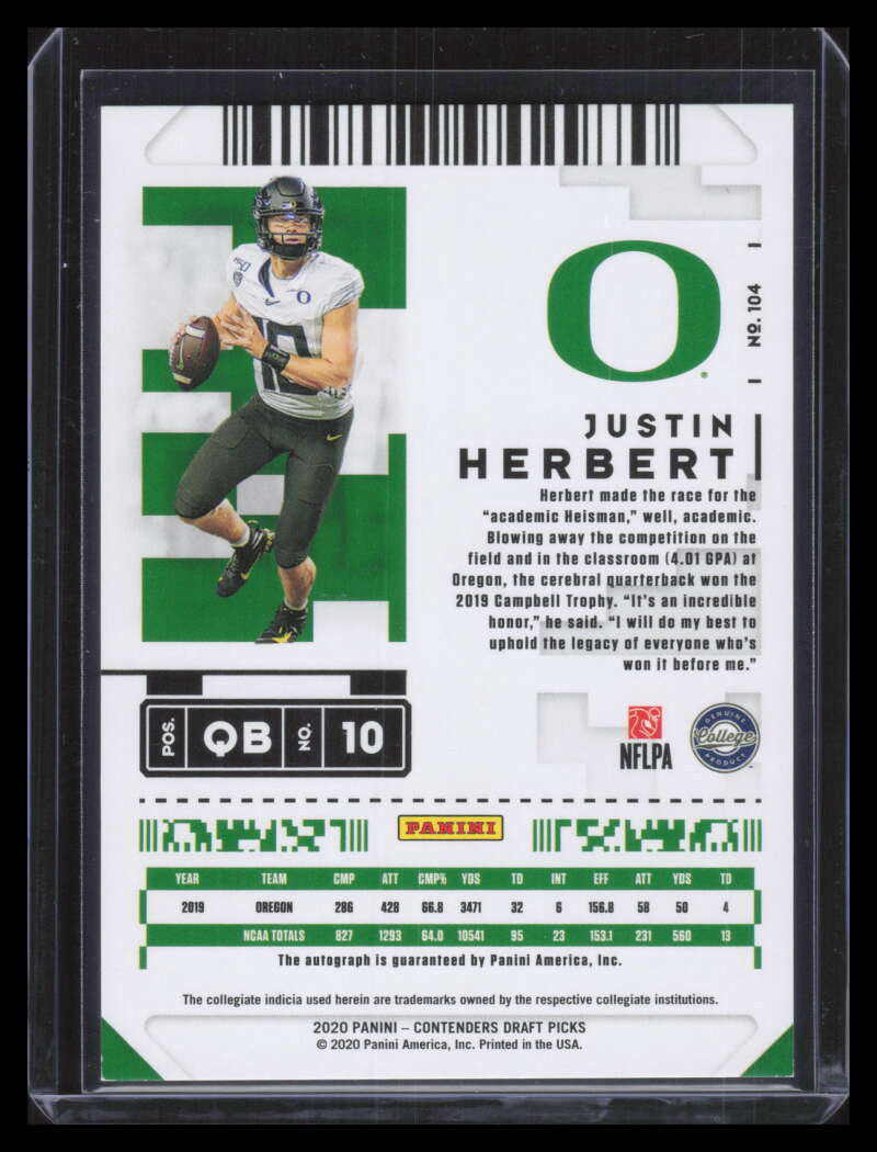 2020 Panini Contenders Draft Championship Ticket 104 Justin Herbert RC Auto 1/1