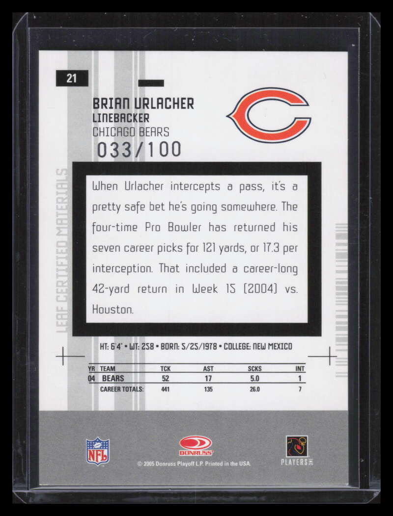 2005 Leaf Certified Materials Mirror Red 21 Brian Urlacher 33/100