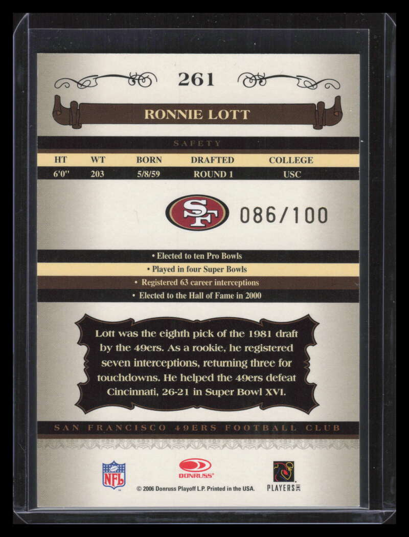 2006 Donruss Classics Timeless Tributes Bronze 261 Ronnie Lott 86/100