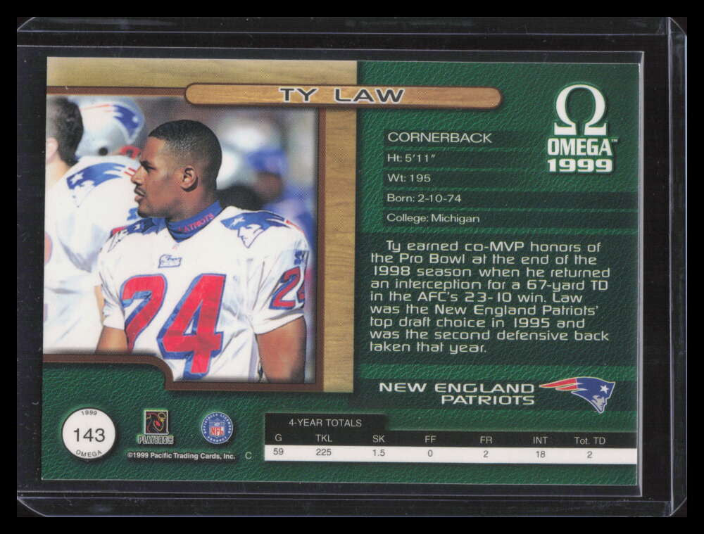 1999 Pacific Omega Platinum Blue 143 Ty Law 15/75