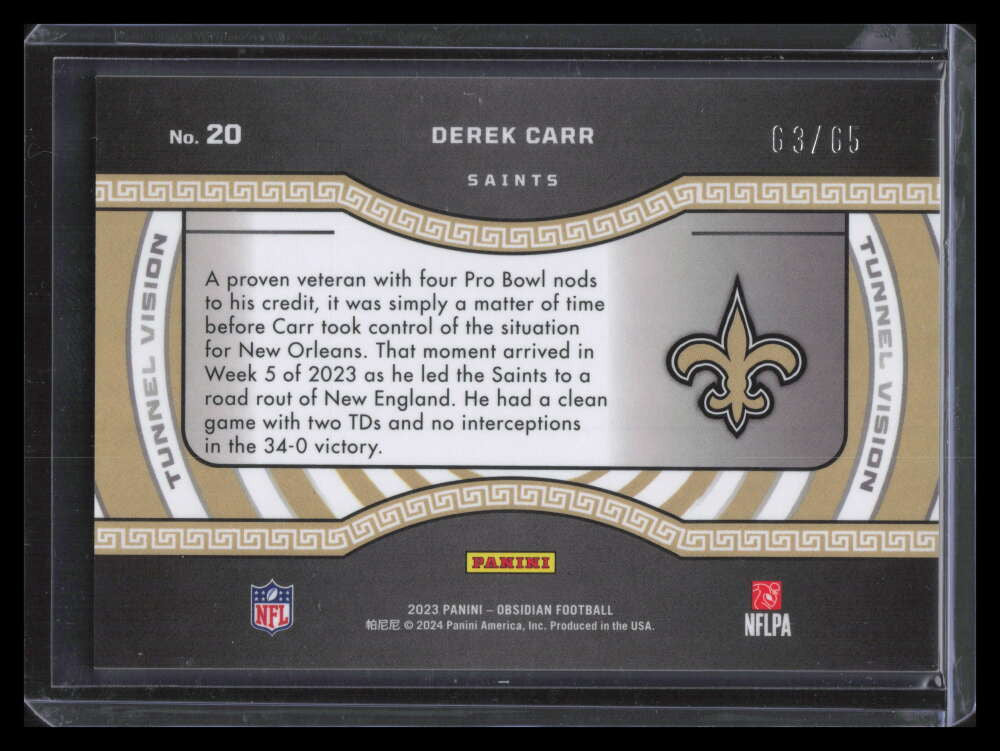 2023 Panini Obsidian Tunnel Vision Electric Etch Orange 20 Derek Carr 63/65