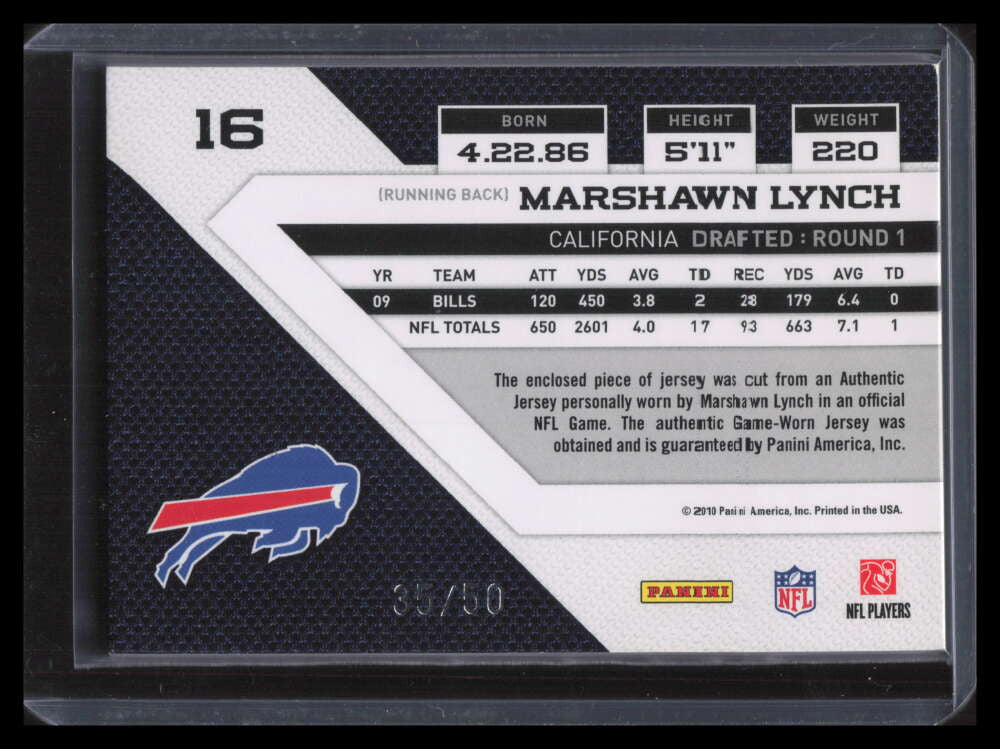DELETE 154960 2010 Panini Threads Jerseys Prime 16 Marshawn Lynch Patch 35/50