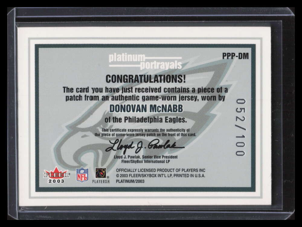 2003 Fleer Platinum Portrayals Jersey Patches PPPDM Donovan McNabb Patch 52/100