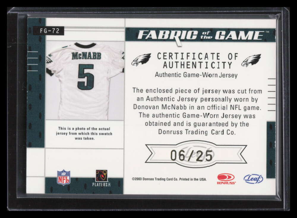 2003 Leaf Certified Materials Fabric of the Game 72lo Donovan McNabb Jersey 6/25