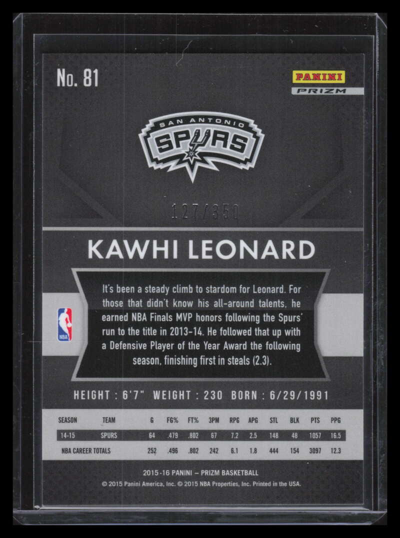 2015-16 Panini Prizm Prizms Ruby Wave Refractor 81 Kawhi Leonard 127/350