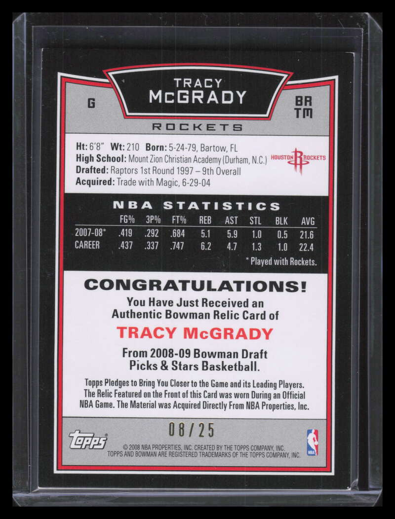2008-09 Bowman Relics Orange BRTM Tracy McGrady Jersey 8/25