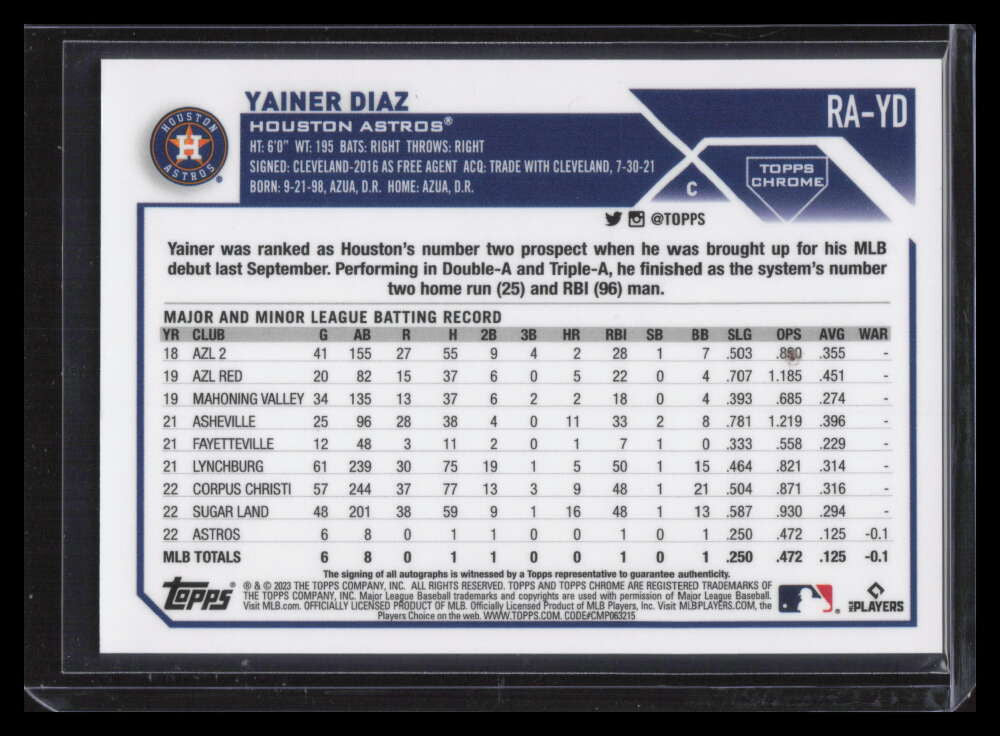 2023 Topps Chrome Rookie Autographs RAYD Yainer Diaz Rookie Auto