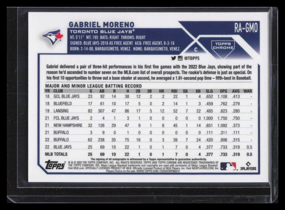 2023 Topps Chrome Autographs Purple Refractor Gabriel Moreno Rookie Auto 197/299