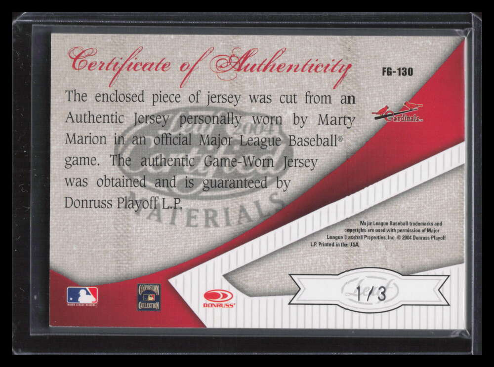 2004 Leaf Certified Fabric of the Game Autograph Marty Marion Jersey Auto 1/3