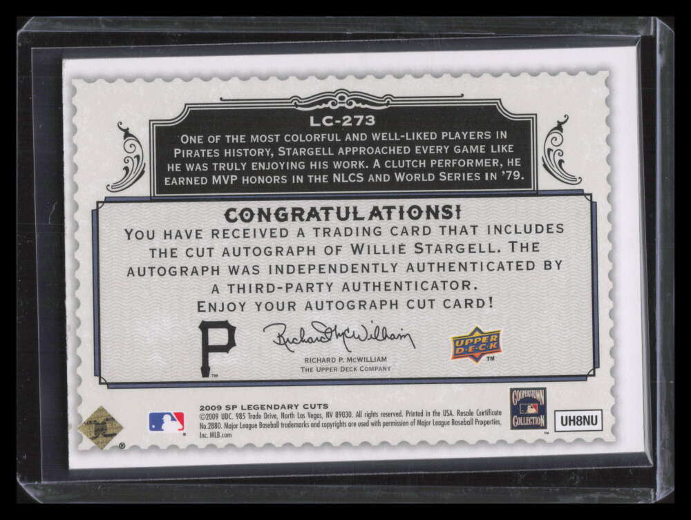 2009 SP Legendary Cuts Cut Signatures lc273 Willie Stargell Cut Auto 16/23
