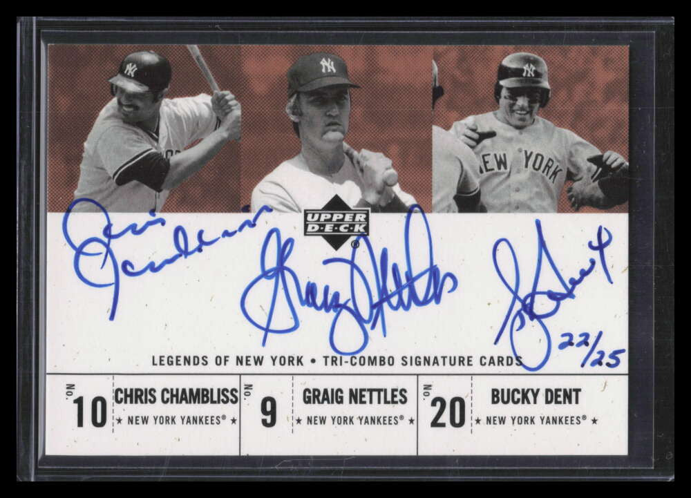 2001 Upper Deck Legends of NY Tri-Combo Nettles Dent Chambliss Triple Auto 22/25