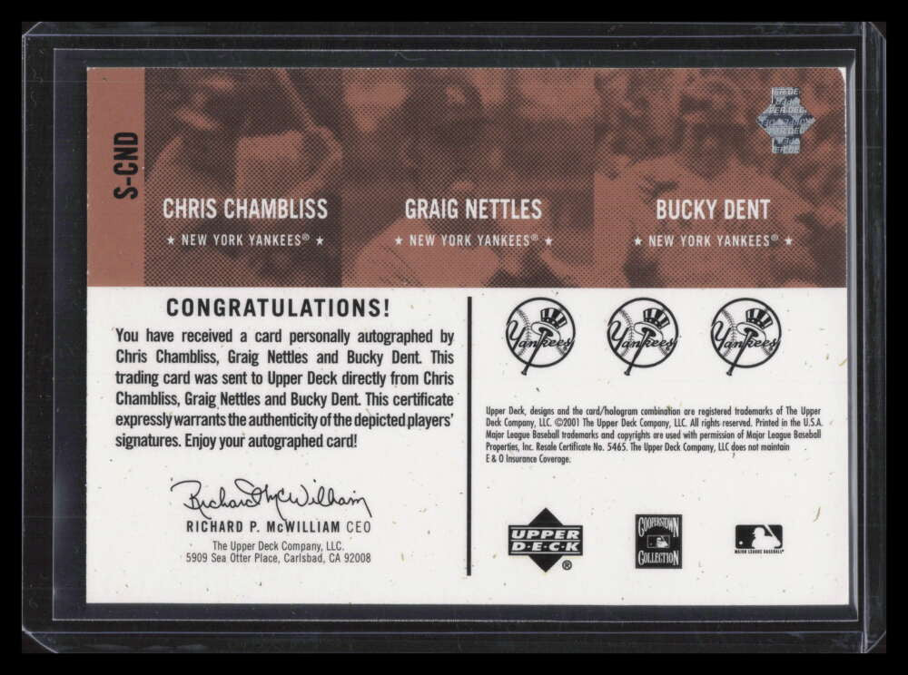 2001 Upper Deck Legends of NY Tri-Combo Nettles Dent Chambliss Triple Auto 22/25