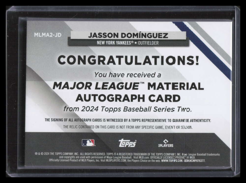 2024 Topps Major League Material Autographs Jasson Dominguez RC Jersey Auto /50