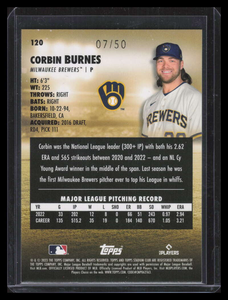 2023 Stadium Club Blue Foil 120 Corbin Burnes 7/50