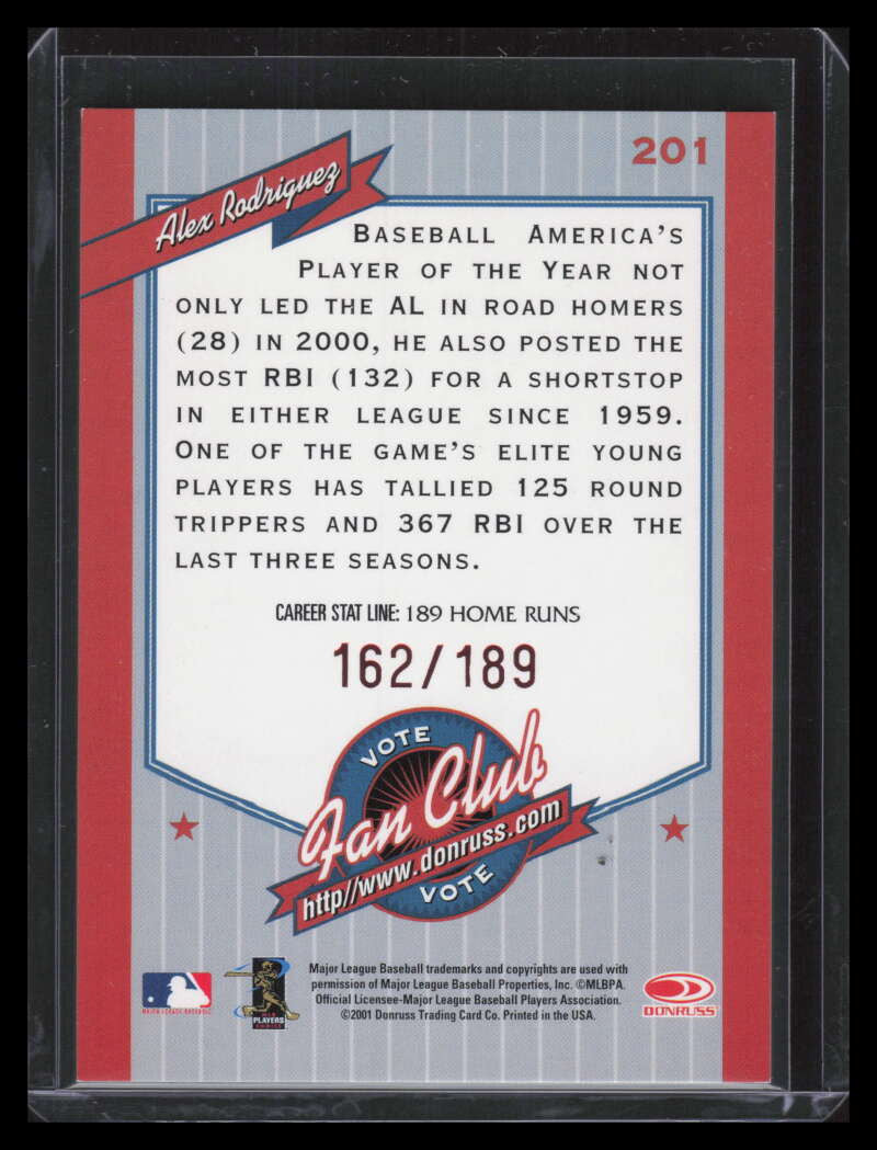 DELETE 155356 2001 Donruss Stat Line Career 201 Alex Rodriguez FC 162/189 Fan Club