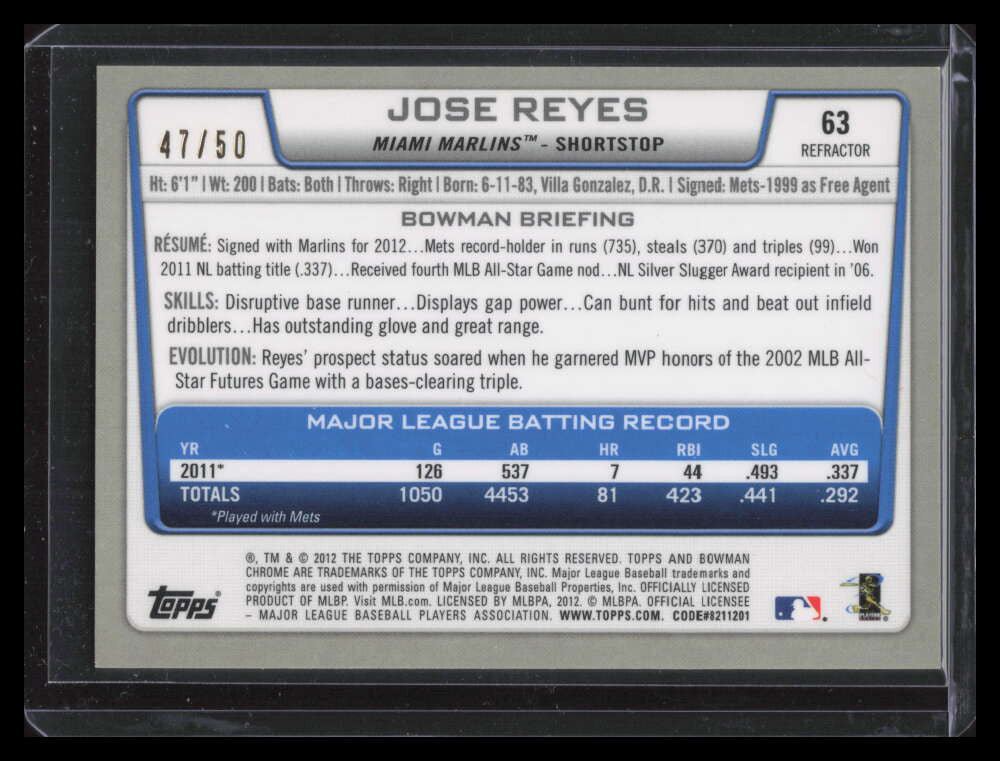 2012 Bowman Chrome Gold Refractor 63 Jose Reyes 47/50