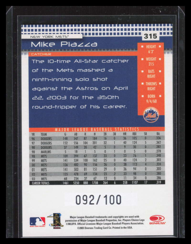 2004 Donruss Press Proofs Blue 315 Mike Piazza 92/100