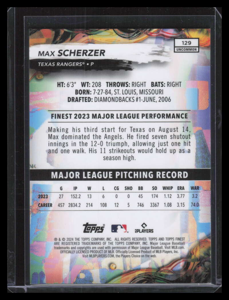 2024 Finest Blue Checkerboard Refractor 129 Max Scherzer Uncommon 55/75