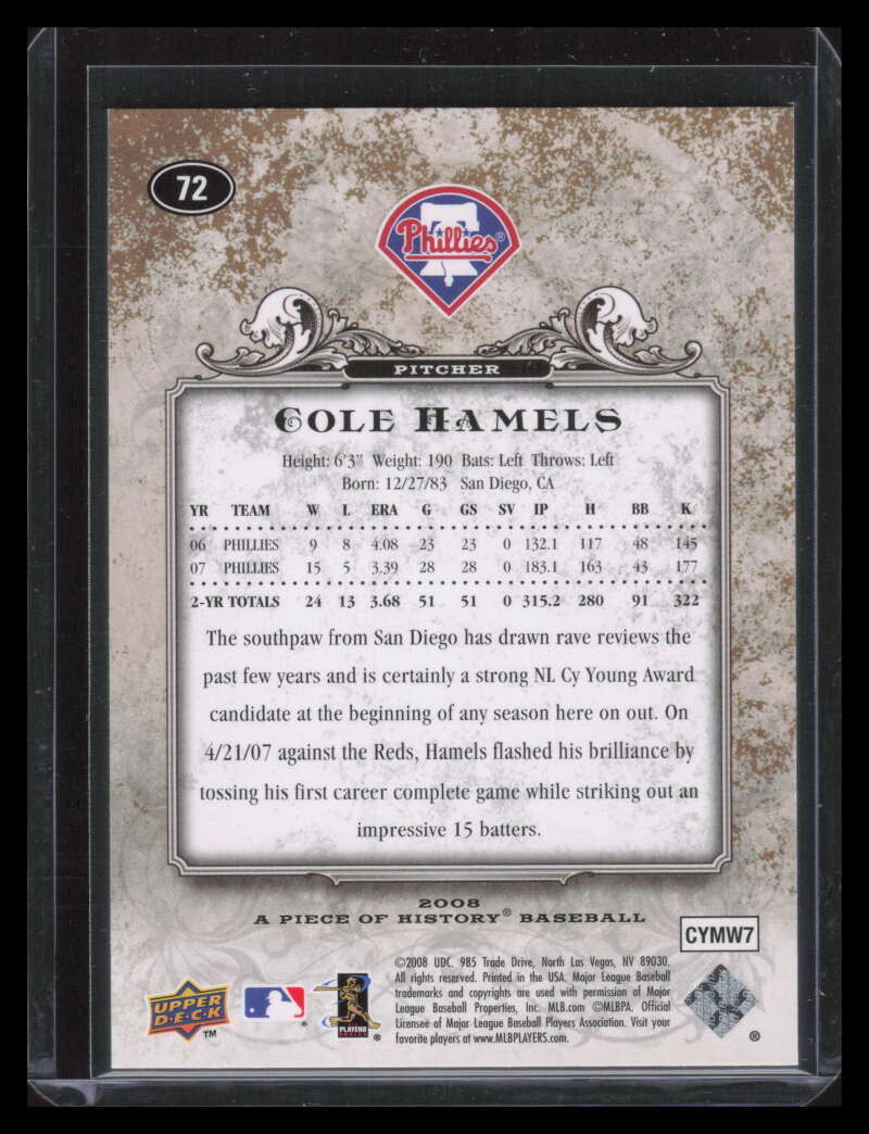 2008 UD A Piece of History Gold 72 Cole Hamels 37/75