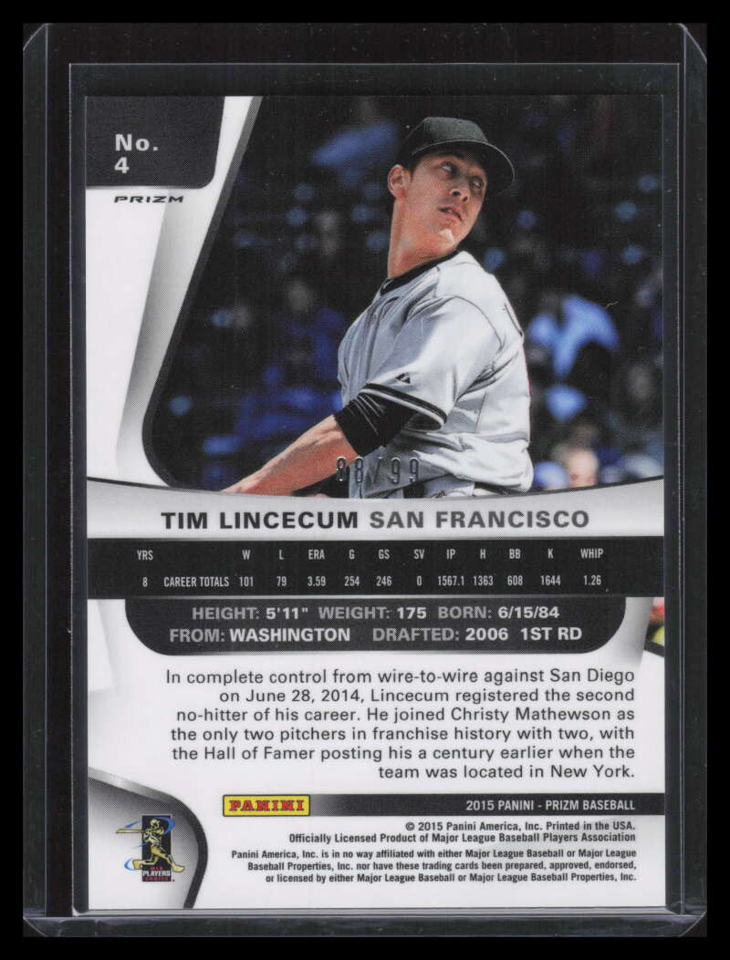 2015 Panini Prizm Prizms Purple Flash Refractor 4 Tim Lincecum 88/99