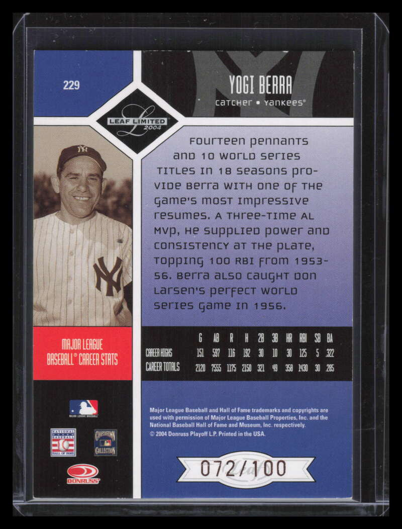 2004 Leaf Limited Bronze Spotlight 229 Yogi Berra RET 72/100 RETIRED