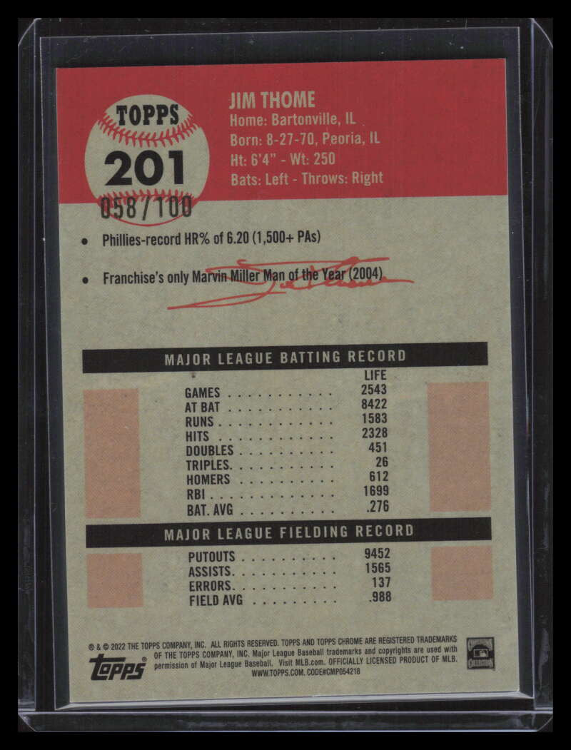 2022 Topps Chrome Platinum Toile Cream Fuchsia Atomic Refractor Jim Thome 58/100