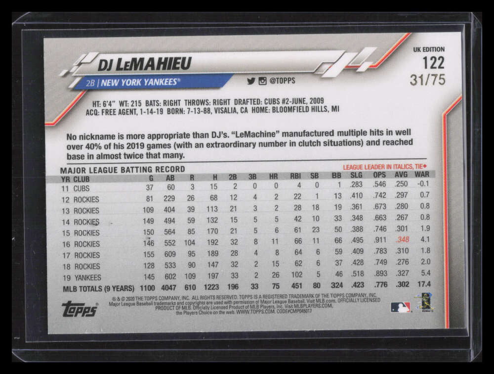 2020 Topps UK Blue 122 DJ LeMahieu 31/75
