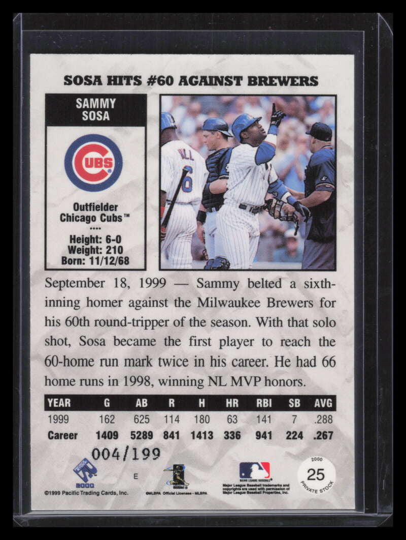 2000 Private Stock Silver Portraits 25 Sammy Sosa 4/199