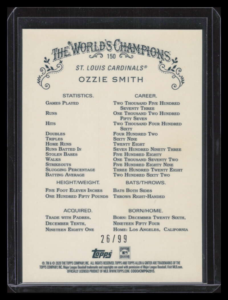 DELETE 155479 2020 Topps Allen and Ginter Chrome Green Refractor 150 Ozzie Smith 26/99