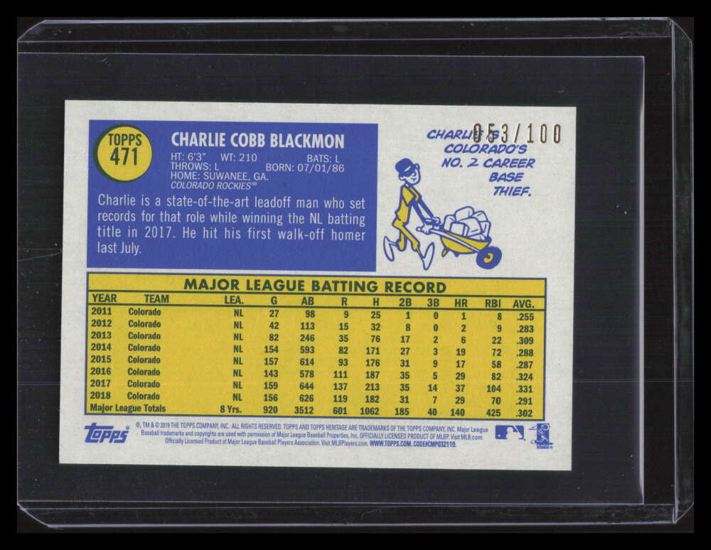 2019 Topps Heritage Mini 471 Charlie Blackmon 53/100