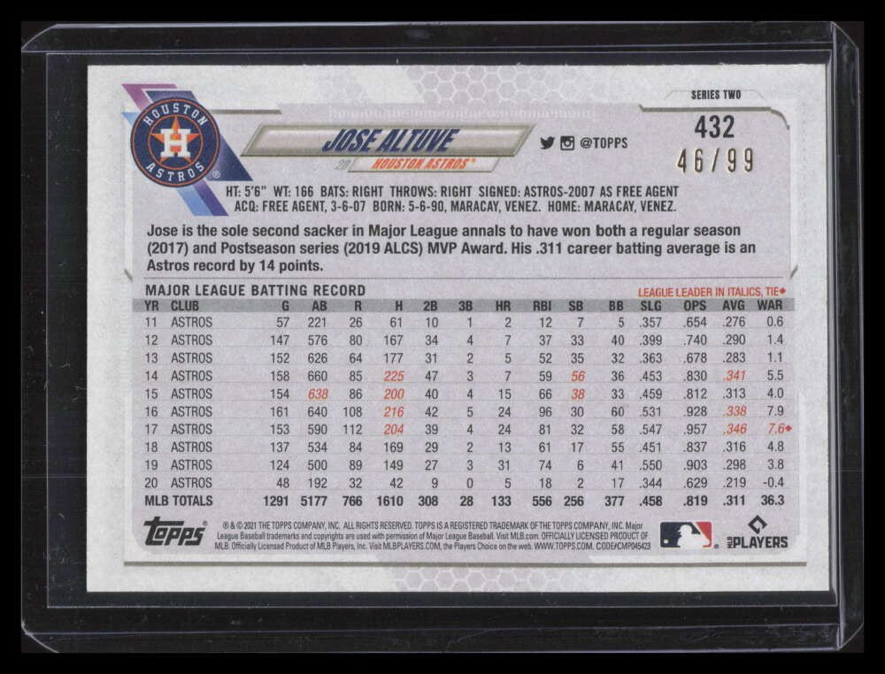 2021 Topps Vintage Stock 432 Jose Altuve 46/99