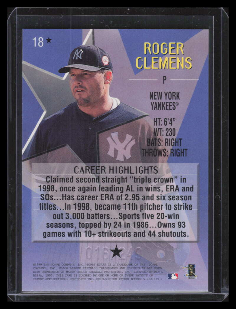 1999 Topps Stars One Star Foil 18 Roger Clemens 16/249