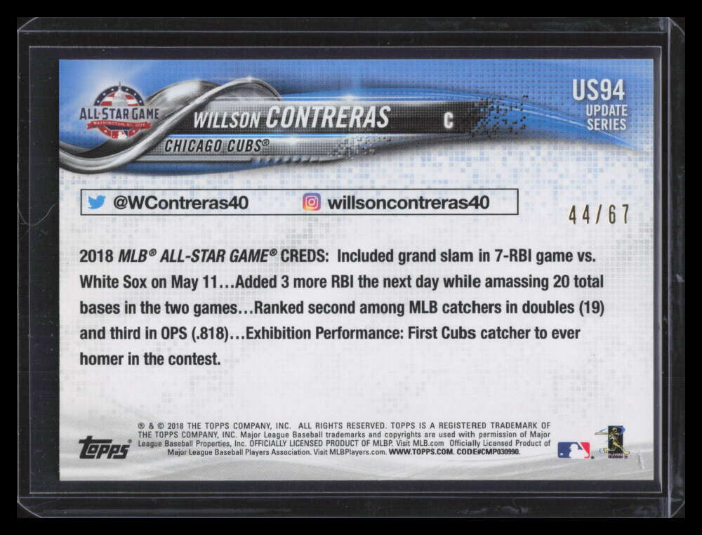 2018 Topps Update Black us94 Willson Contreras AS 44/67 All-Star Game