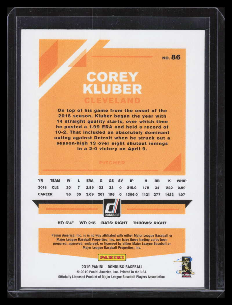 2019 Donruss Career Stat Line 86 Corey Kluber 9/17