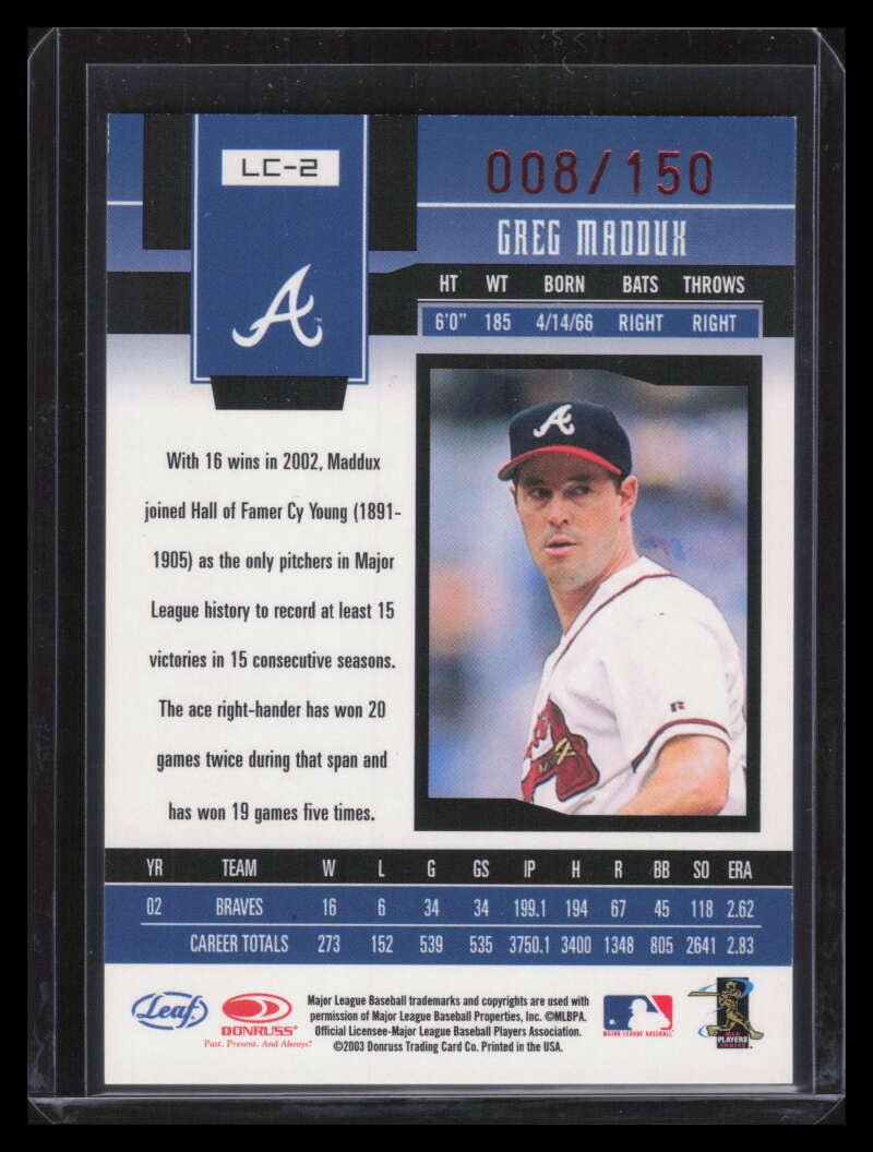 SOLD 155512 2003 Leaf Certified Mirror Red Samples lc2 Greg Maddux 6/150