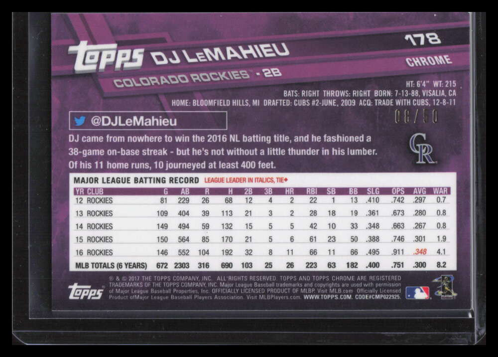 2017 Topps Chrome Gold Wave Refractor 178 DJ LeMahieu 8/50