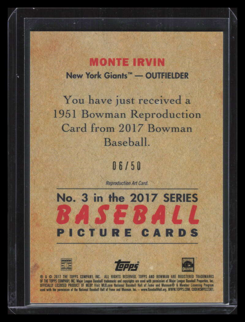 2017 Bowman Chrome '51 Bowman Gold Refractor 3 Monte Irvin 6/50