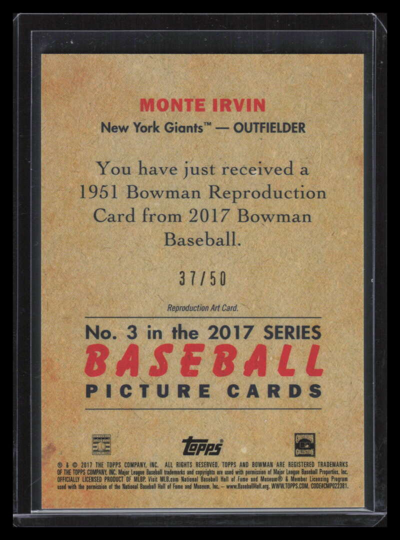 2017 Bowman Chrome '51 Bowman Gold Refractor 3 Monte Irvin 37/50