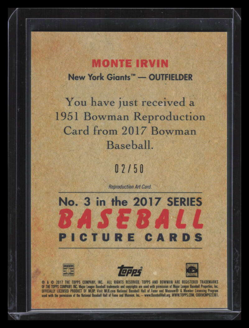 2017 Bowman Chrome '51 Bowman Gold Refractor 3 Monte Irvin 2/50