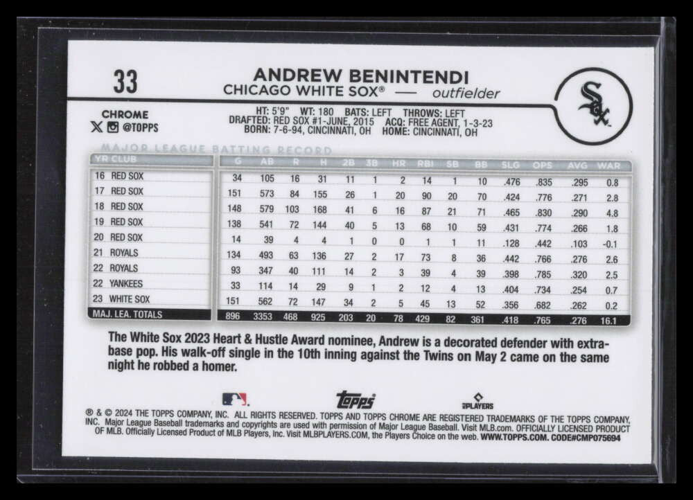 2024 Topps Chrome Gold Refractor 33 Andrew Benintendi 32/50