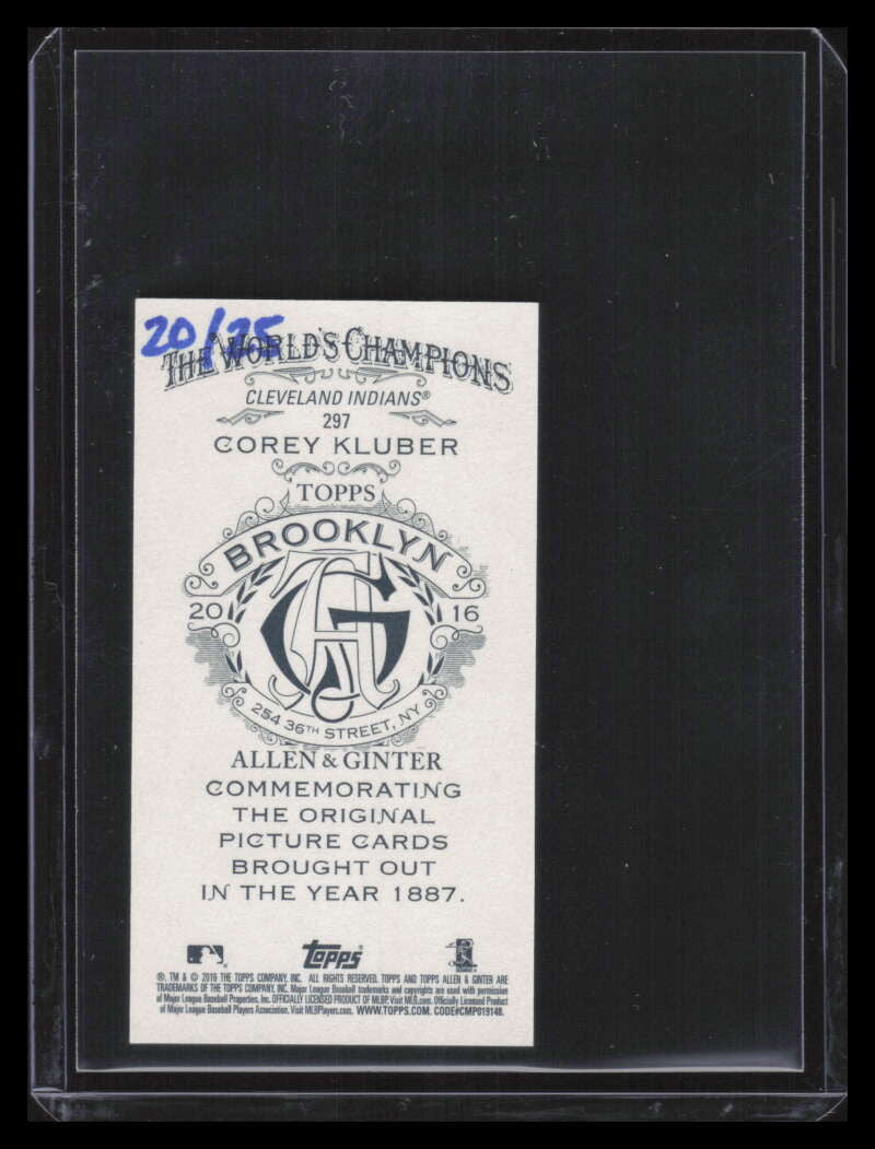 2016 Topps Allen and Ginter Mini Brooklyn Back 297 Corey Kluber 20/25
