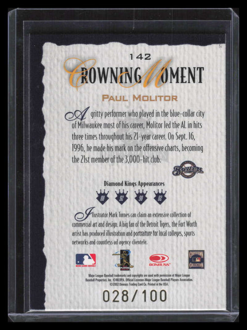 2002 Diamond Kings Gold Foil 142 Paul Molitor 28/100