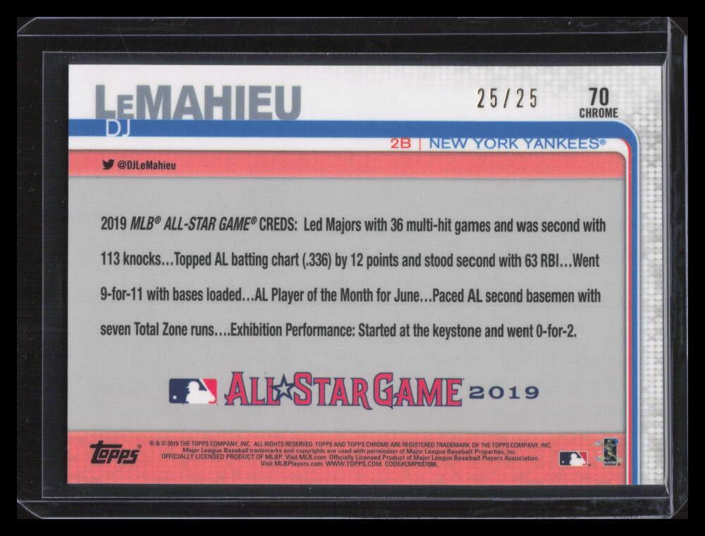 2019 Topps Chrome Update Orange Refractor 70 DJ LeMahieu AS 25/25 All-Star Game