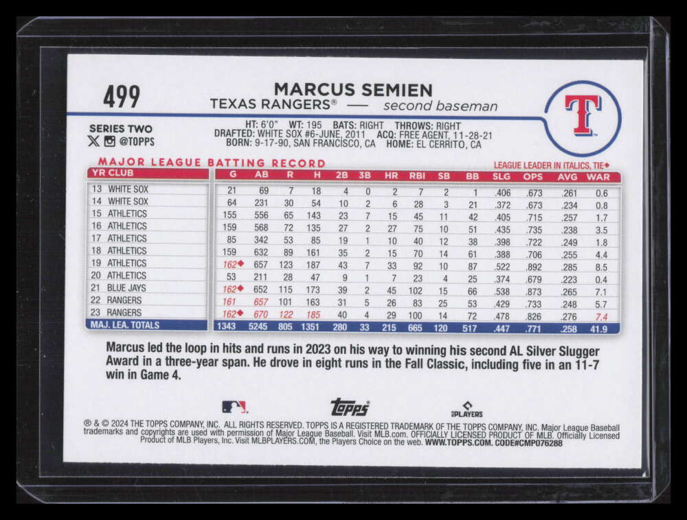 2024 Topps Team Color Border Variations 499 Marcus Semien
