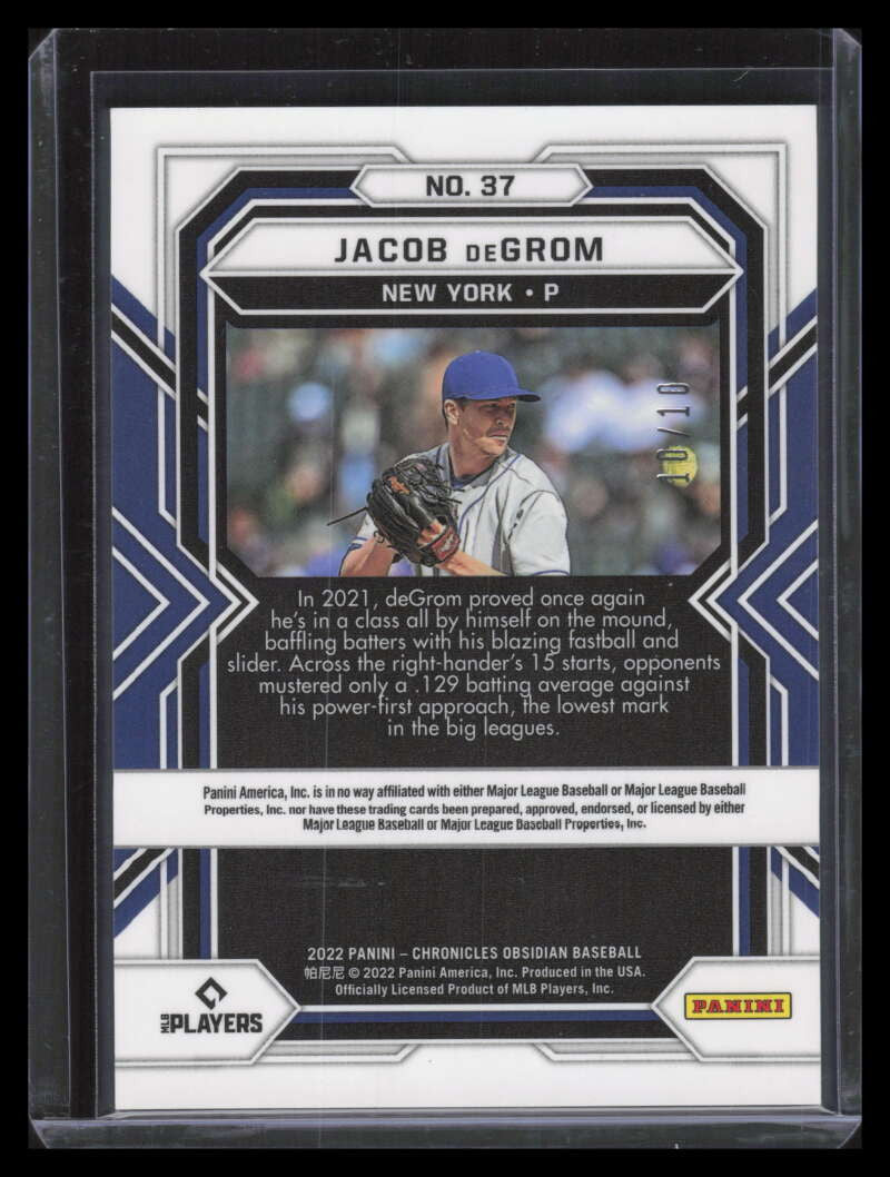 2022 Panini Chronicles Obsidian Electric Etch Yellow 37 Jacob deGrom 10/10