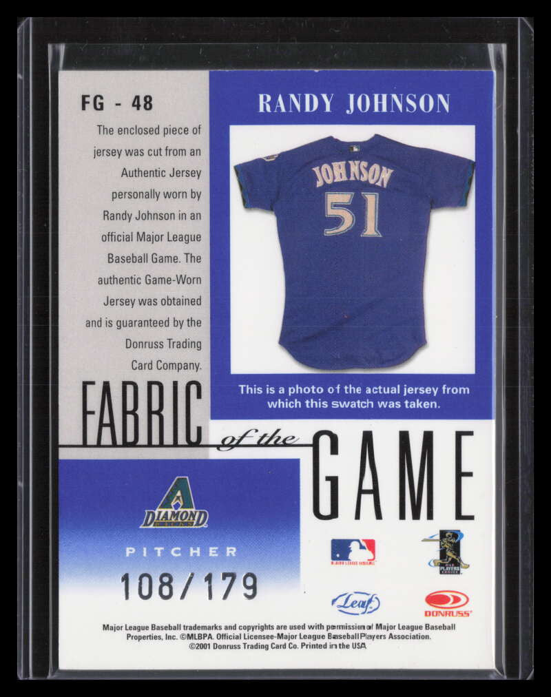 SOLD 155669 2001 Leaf Certified Fabric of the Game Career 48cr Randy Johnson Jersey 108/179