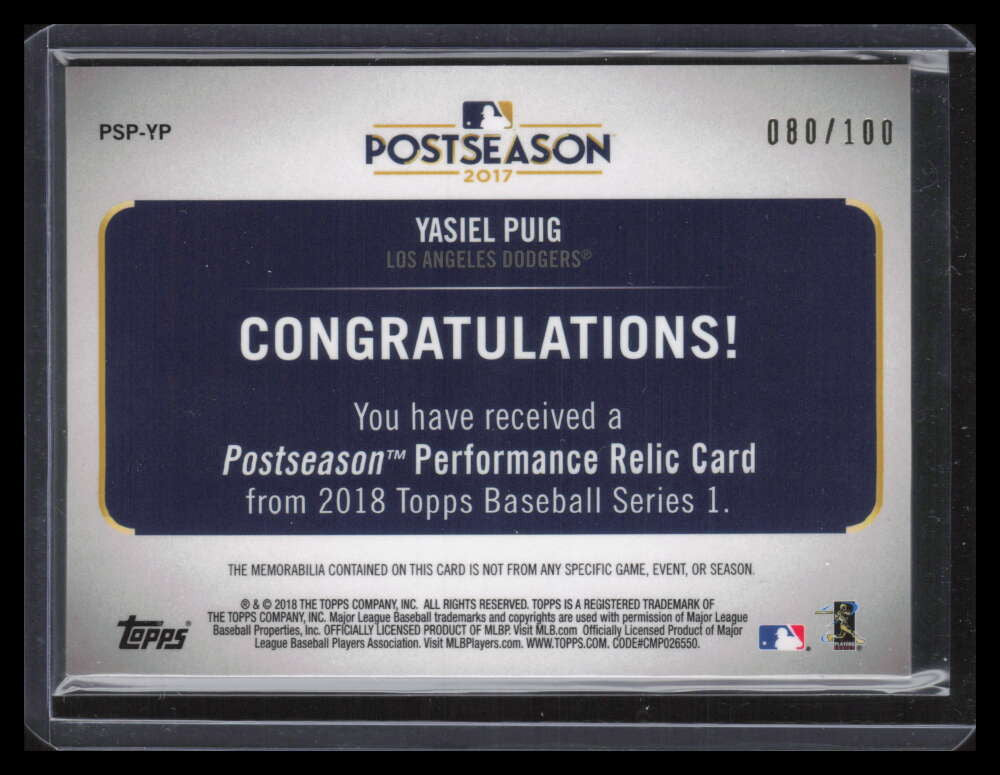 DELETE 155671 2018 Topps Postseason Performance Relics PSPYP Yasiel Puig Jersey 80/100