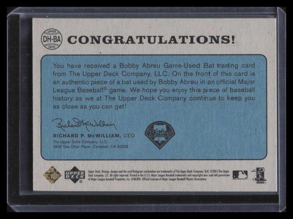2003 Upper Deck Vintage Dropping the Hammer Gold BA Bobby Abreu Bat 49/100