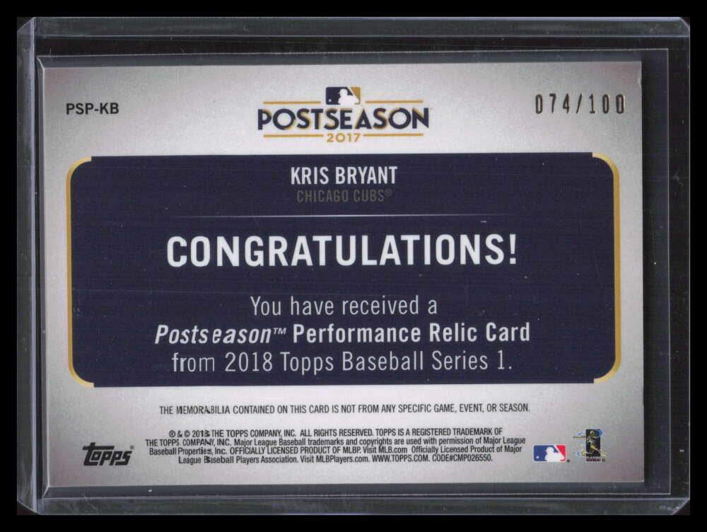 2018 Topps Postseason Performance Relics PSPKB Kris Bryant Jersey 74/100